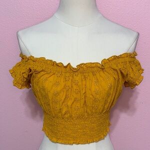 Yellow Off-Shoulder Cropped Eyelet Top S